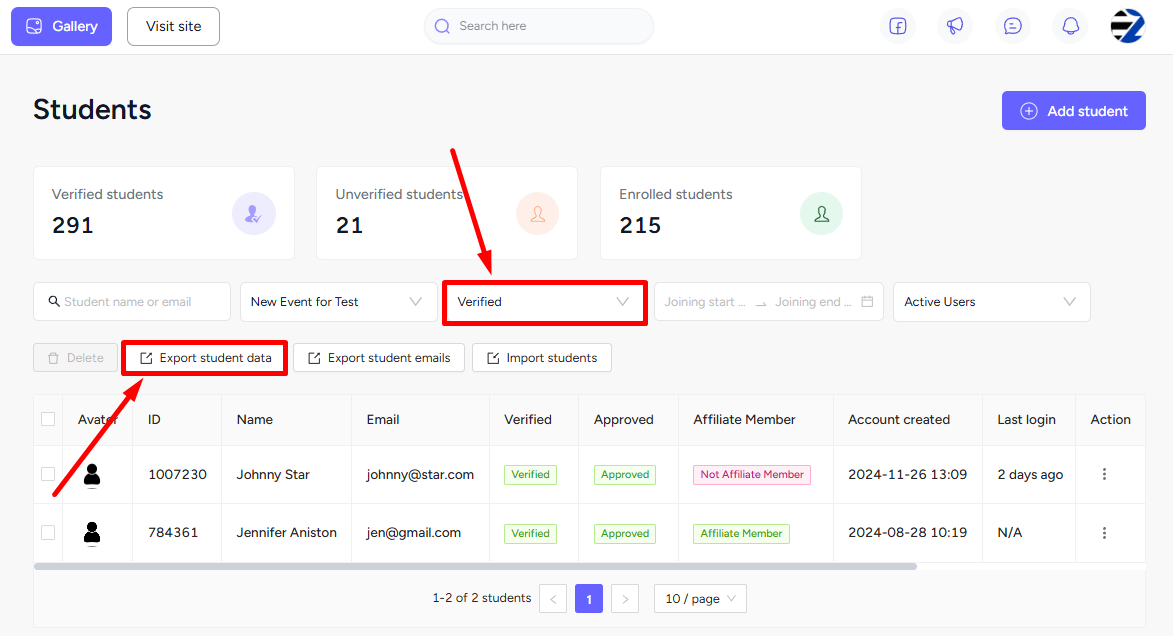 Export Student Data For All Products 