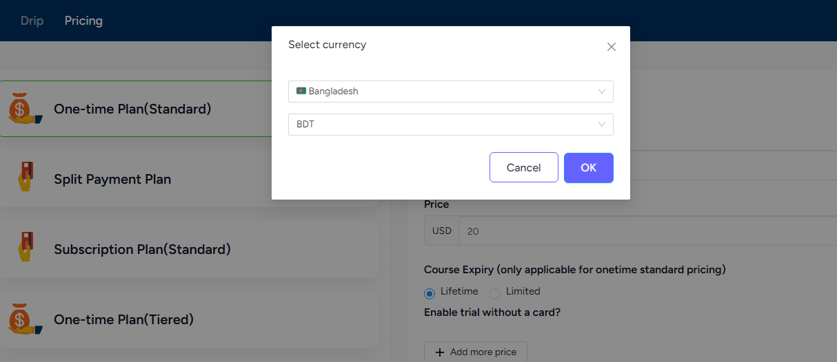 ezycourse multi currency setup preview