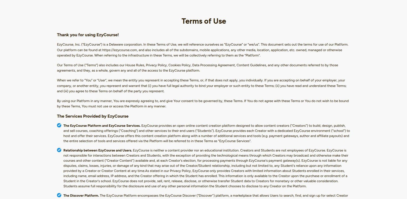 EzyCourse - Terms of use