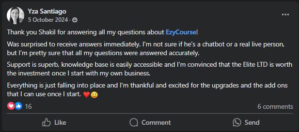 EzyCourse client fb post